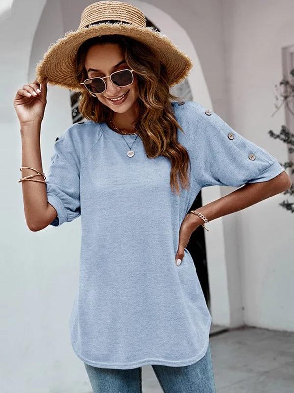 Women's Casual Button Detail Half Sleeve T-Shirt Cashmere Blend Cotton Blend Poly Blend Women's Casual Button Detail Half Sleeve T-Shirt Cashmere Blend Cotton Blend Poly Blend
