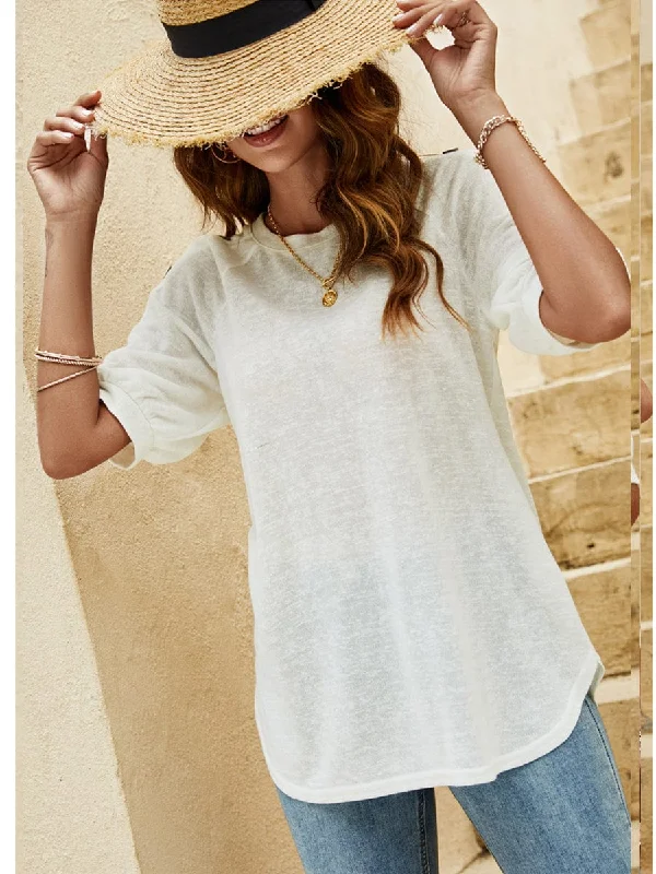 Women's Casual Button Detail T-Shirt Chenille Fabric Brocade Fabric Lace Fabric