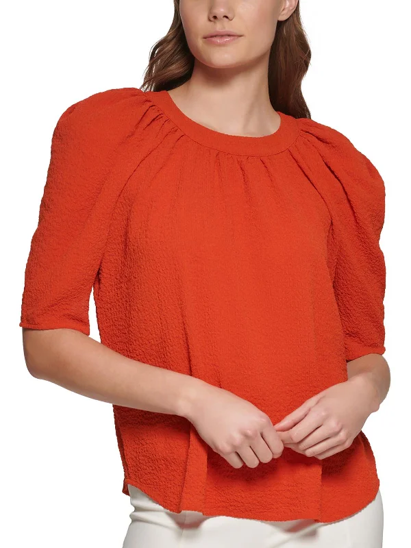 Womens Puff Sleeve Textured Blouse Stretchy Fitted Blouse