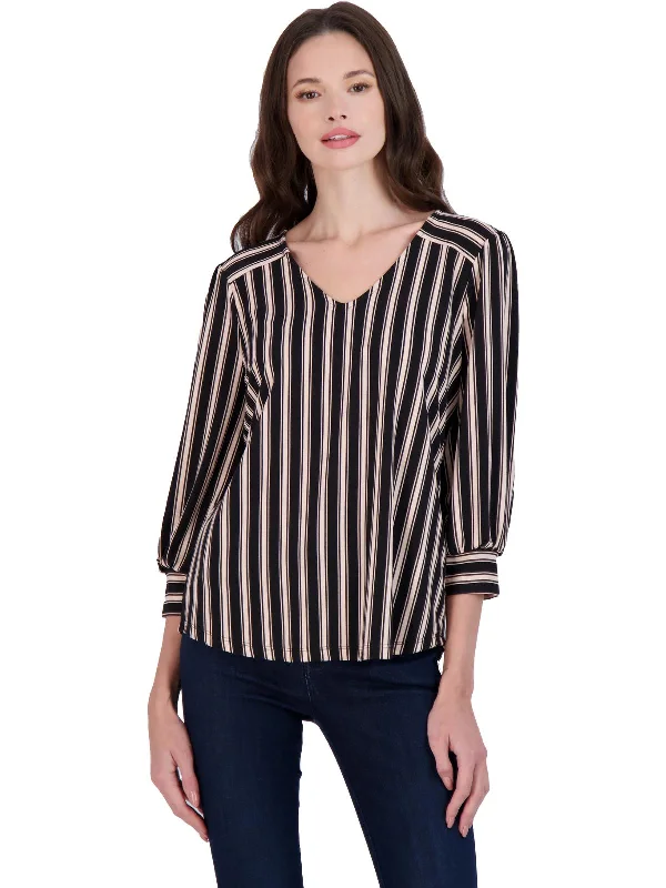 Womens Striped Three-Quarter Cuff Blouse Elegant Silk Blouse