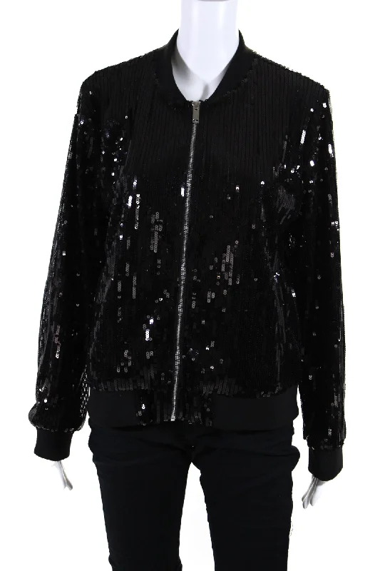 Apricot Womens Sequin Full Zip Bomber Jacket Black Wool Fabric Cashmere Fabric Tweed Fabric