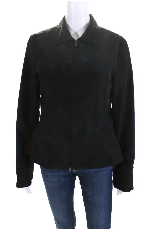 Armani Collezioni Womens Collared Zip Up Lightweight Jacket Black Welt Pockets Slit Pockets Flap Pockets