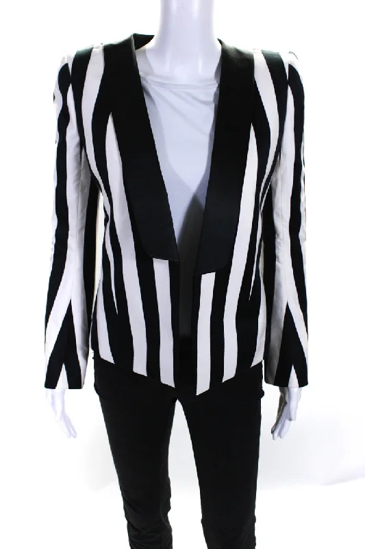 Balmain Womens Striped Open Front Jacket Black White Cotton Nylon Fabric Polyester Fabric Spandex Fabric