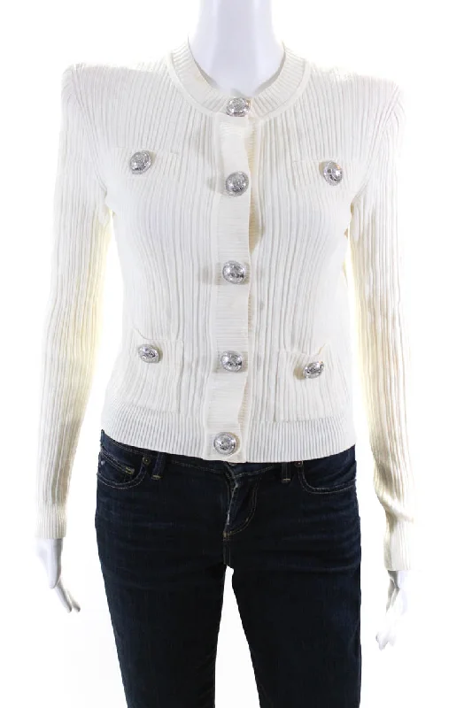 Balmain Womens White Ribbed Button Embellished Long Sleeve Light Jacket Mesh Canvas Denim