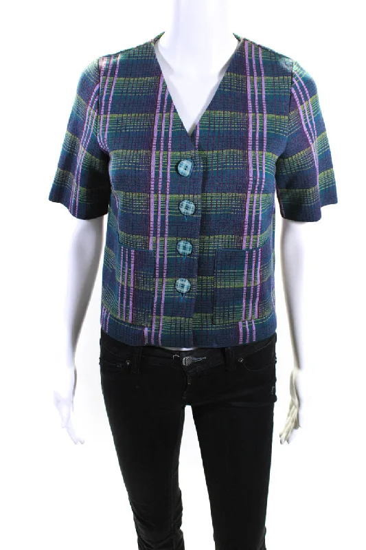 Catherine Andre Womens Short Sleeve Knit Plaid V Neck Jacket Multicolor Large Solid Print Embellished