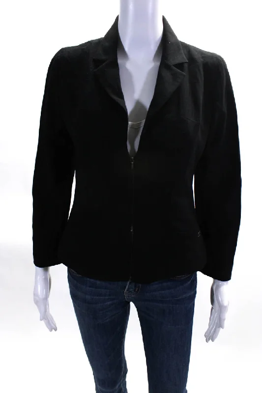 Chanel Womens Notched Lapel Long Sleeve Front Zip Short Jacket Black Fitted T-Shirt Seamless Stretchy