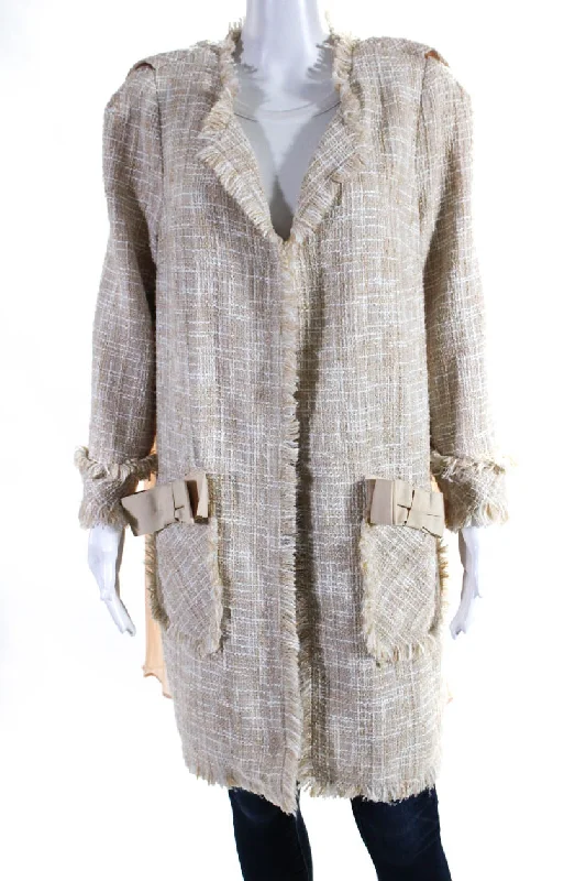 Edward Achour Womens Pleated Chiffon Tweed Hook & Eye Jacket Beige Ivory FR 46 Chenille Brocade Lace