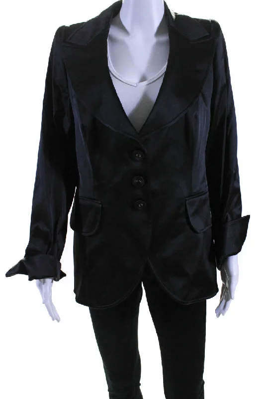 Escada Womens Wide Lapel Button Down Suit Jacket Jet Black Front Pockets Side Pockets Patch Pockets