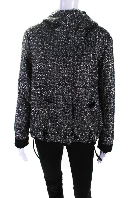 Lis Lareida Womens Disco Metallic Hooded Platinum Tweed Zip Jacket Silver FR 36 Hooded Caped Shawl Collar