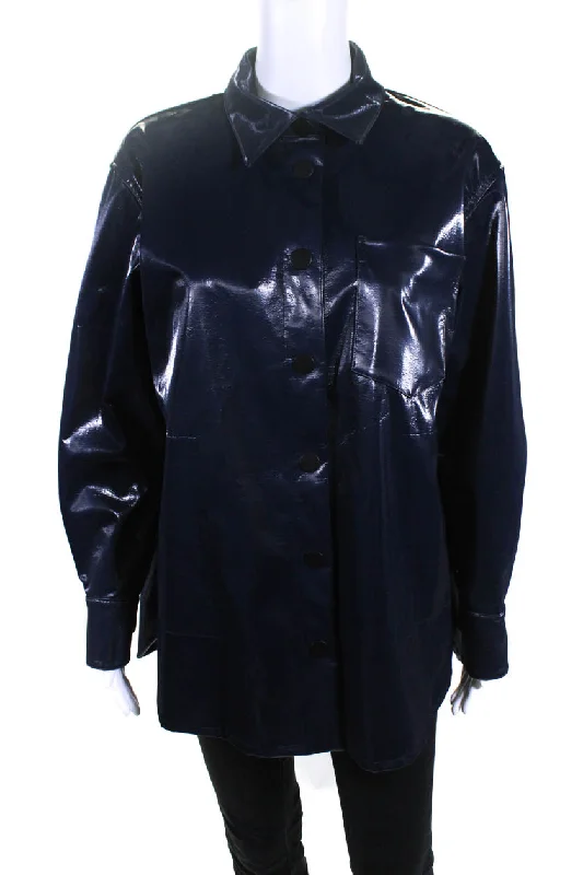 Lis Lareida Womens Leona Shiny Oversize Snap Collared Jacket Navy Elasticated Padded Insulated