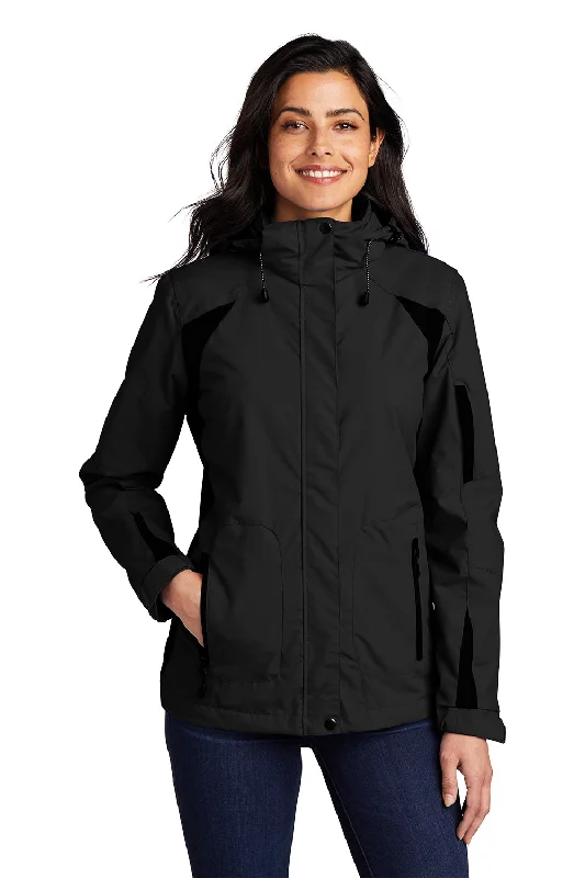 Port Authority Womens All Season II Waterproof Full Zip Hooded Jacket - Black Collared T-Shirt Boat Neck A-Line