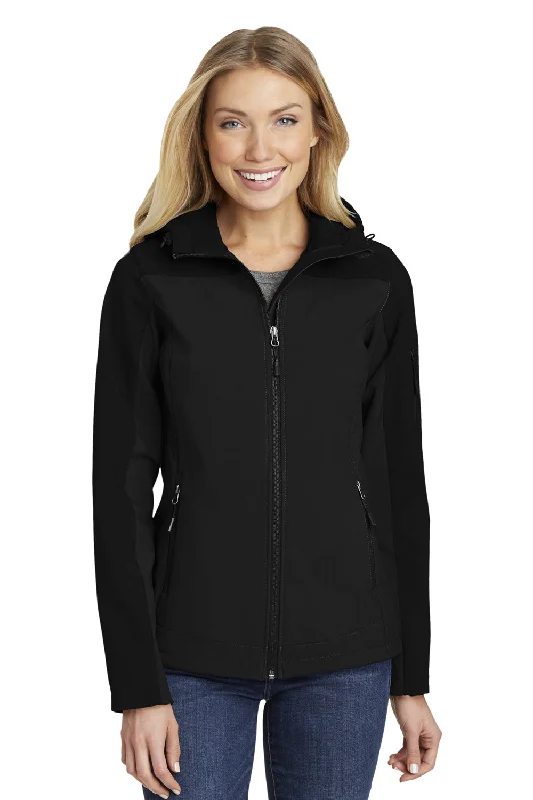 Port Authority Womens Core Wind & Water Resistant Full Zip Hooded Jacket - Black Terry Blend Velvet Blend Canvas Blend