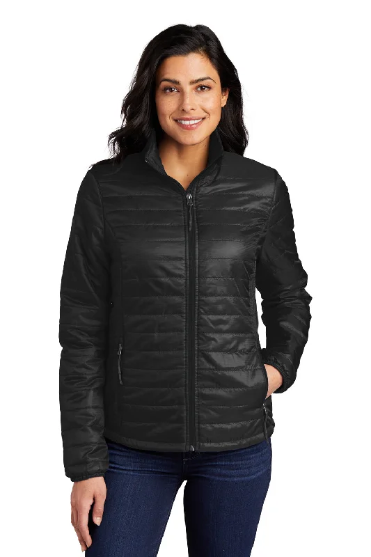 Port Authority Womens Water Resistant Packable Puffy Full Zip Jacket - Deep Black Collared T-Shirt Boat Neck A-Line