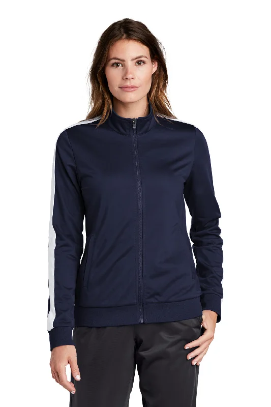 Sport-Tek Womens Full Zip Track Jacket - True Navy Blue/White Striped Floral Plaid