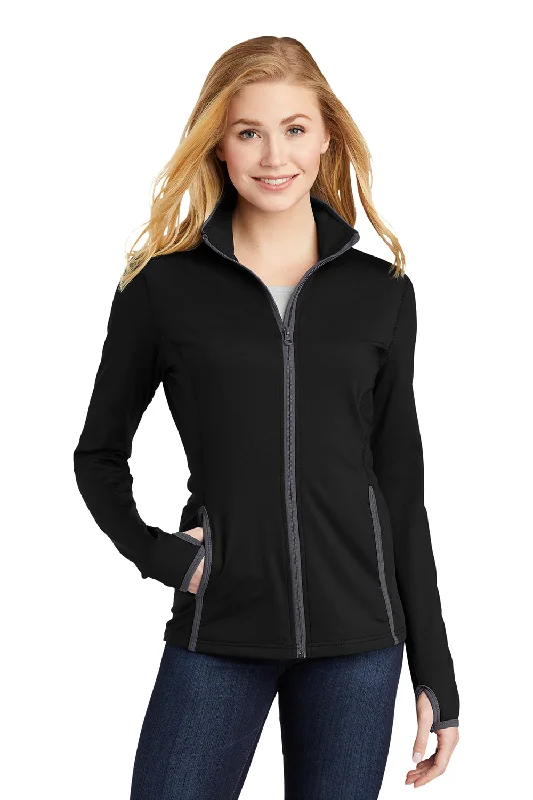 Sport-Tek Womens Sport-Wick Moisture Wicking Full Zip Jacket - Black/Charcoal Grey Mesh Blend Leather Blend Suede Blend