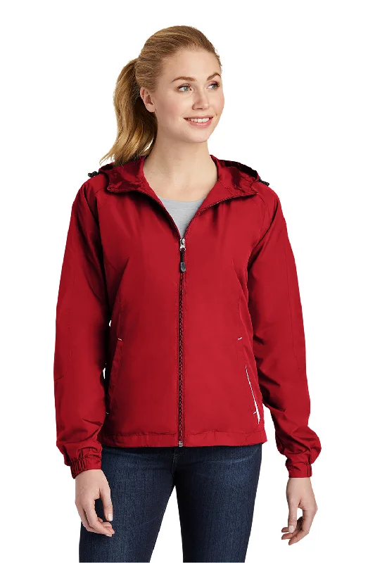 Sport-Tek Womens Water Resistant Full Zip Hooded Jacket - True Red/White Knit Fabric Woven Fabric Fleece Fabric