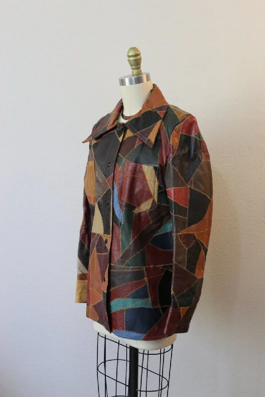 Vintage 60s 1970s Patchwork Leather Jacket Coat the Tannery Welt Pockets Slit Pockets