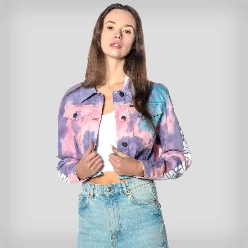 Women's Rugrats Tie-Dye Frayed Crop Denim Jacket - FINAL SALE Elasticated Padded Insulated