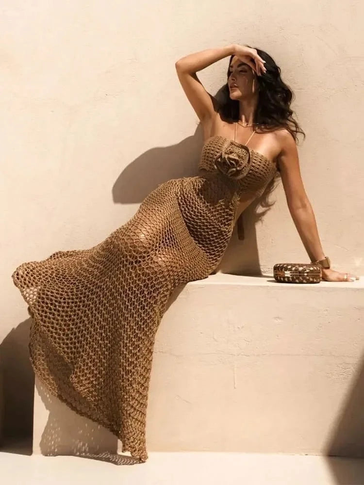 3D Flower Knitted Maxi Dress Trendy Button Front Maxi Dress