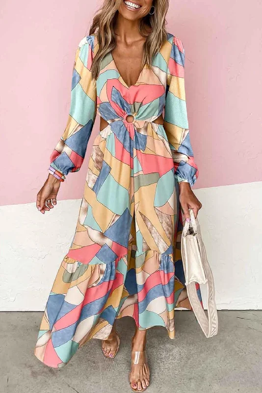 KaleaBoutique Stylish Abstract Print O-ring Cut-Out Long Sleeve Maxi Dress Trendy Off-Shoulder Ruffle Maxi Dress