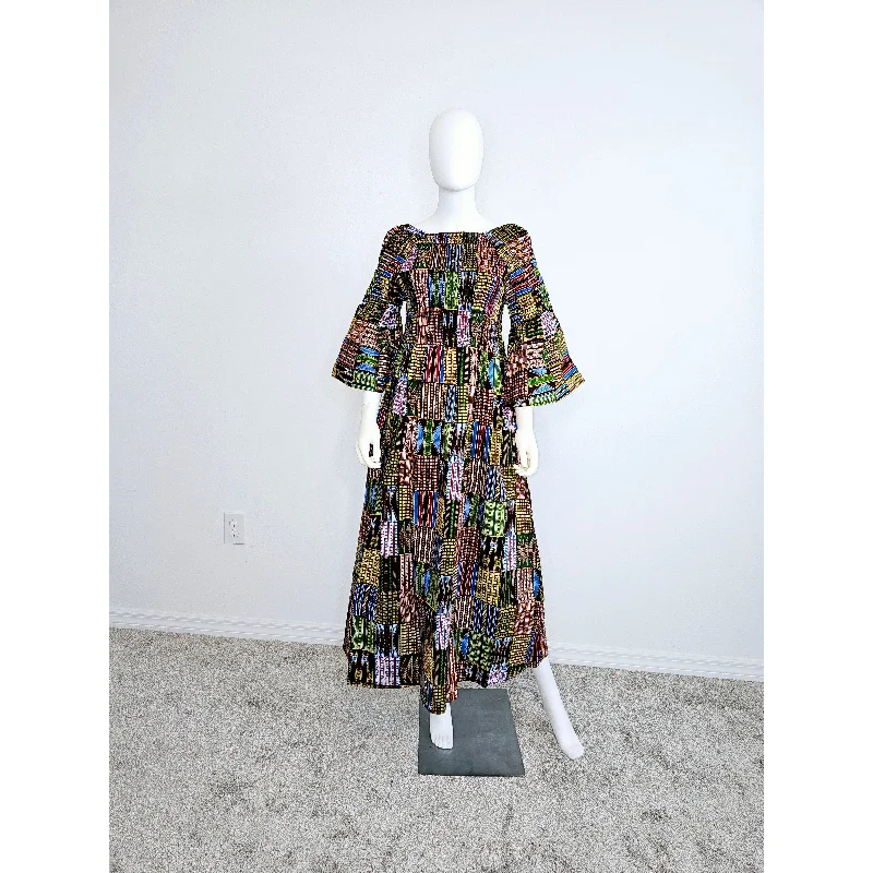 African Ankara Off the Shoulder Maxi Dress Elegant Pleated Maxi Dress