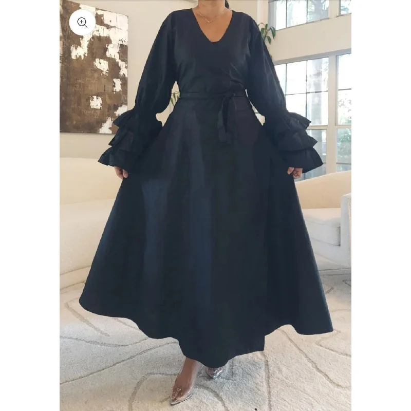 African Print Long Wrap Maxi Dress Ankle Length / Bell Sleeve Comfortable Fit-and-Flare Maxi Dress