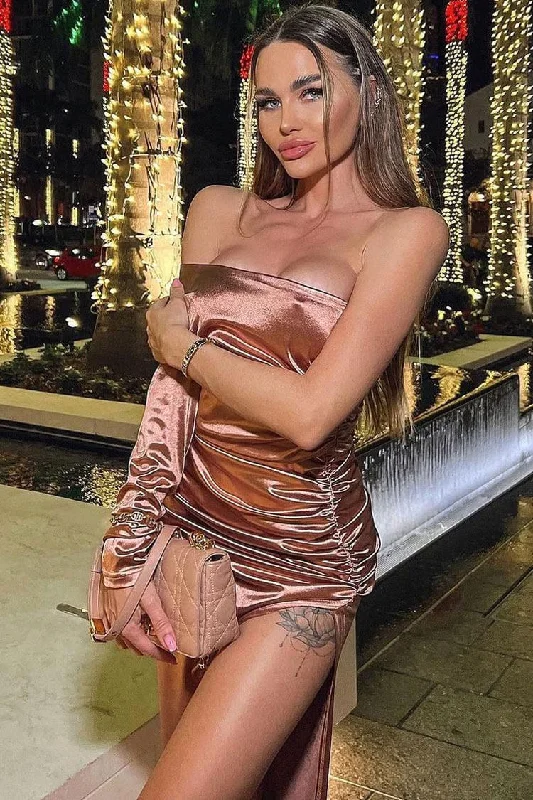 Asymmetrical One Shoulder Long Sleeve Ruched Split Evening Maxi Dress - Brown Chic Boho Print Maxi Dress Asymmetrical One Shoulder Long Sleeve Ruched Split Evening Maxi Dress - Brown Chic Boho Print Maxi Dress