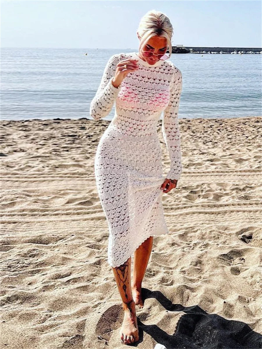 Backless Up Knit Crochet Beach Long Maxi Dress Trendy A-Line Maxi Dress