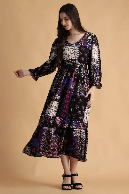 Black Abstract Patch Printed Maxi Dress Elegant Sleeveless Maxi Dress