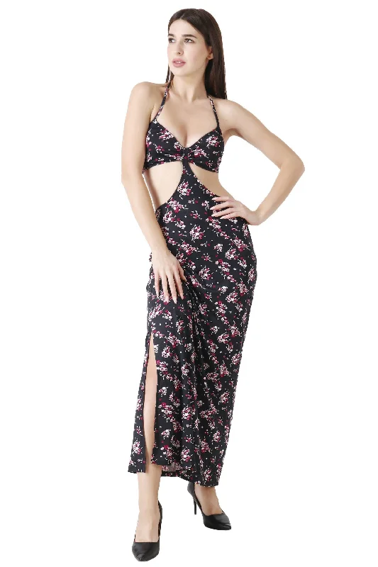 Black Floral Printed Maxi Dress with Side Cutouts Elegant Silk Maxi Dress