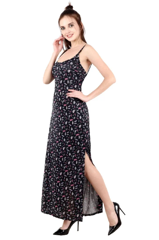 Black Leaves Printed Maxi Dress with Side Slit Elegant Velvet Maxi Dress