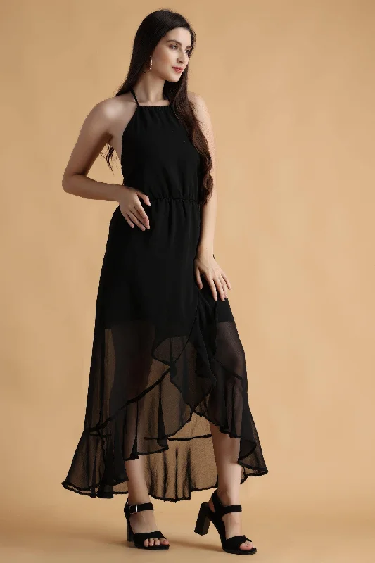 Black Solid Asymmetric Maxi Dress Trendy Off-Shoulder Ruffle Maxi Dress