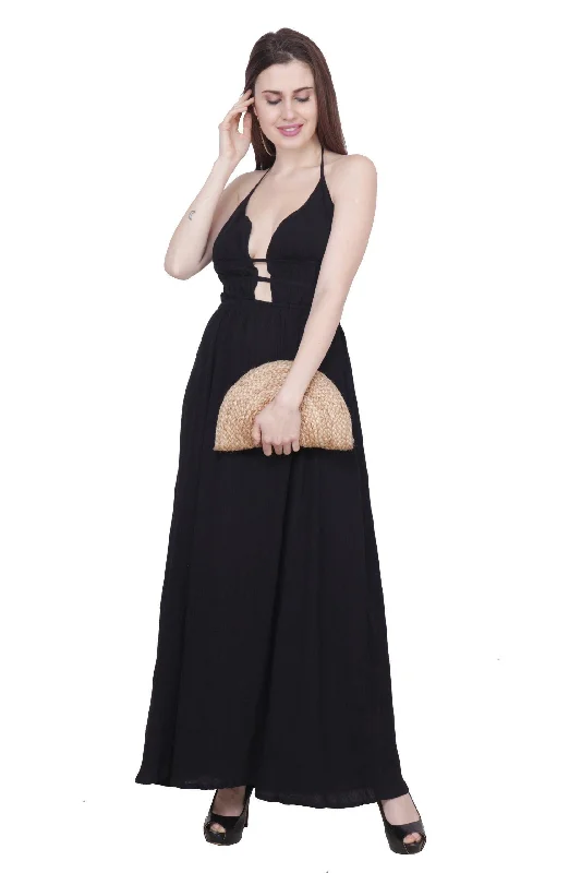 Black Solid Maxi Dress with Plunge Neck and Back Tie Fashionable Sleeveless Maxi Dress Black Solid Maxi Dress with Plunge Neck and Back Tie Fashionable Sleeveless Maxi Dress