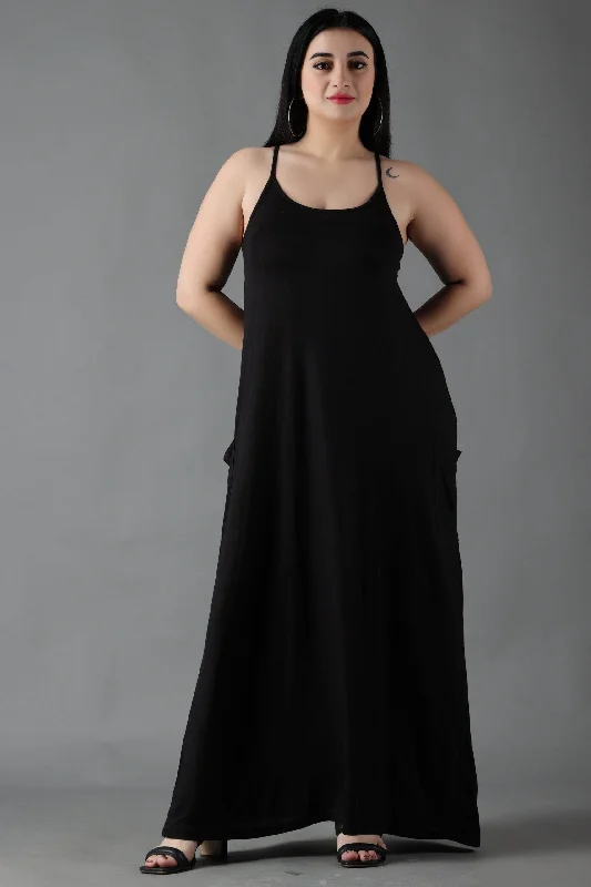 Black Solid Maxi Dress with Straps Chic Summer Maxi Dress