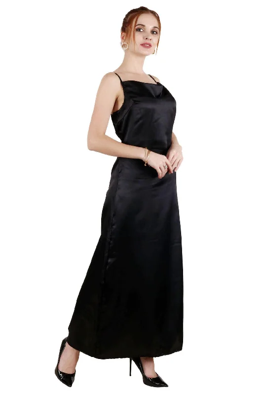 Black Solid Satin Maxi Dress Elegant Sleeveless Maxi Dress
