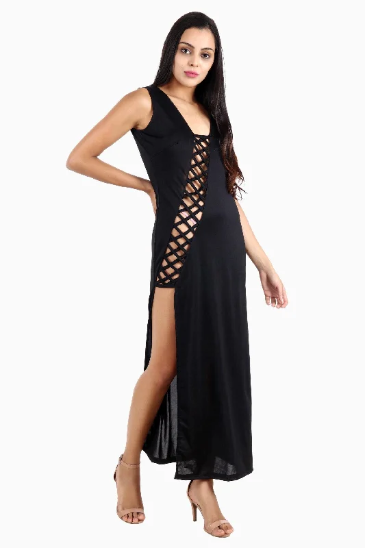 Black Solid Side Slit Maxi Dress with Diagonal Criss Cross Cutout Fashionable Open-Back Maxi Dress Black Solid Side Slit Maxi Dress with Diagonal Criss Cross Cutout Fashionable Open-Back Maxi Dress