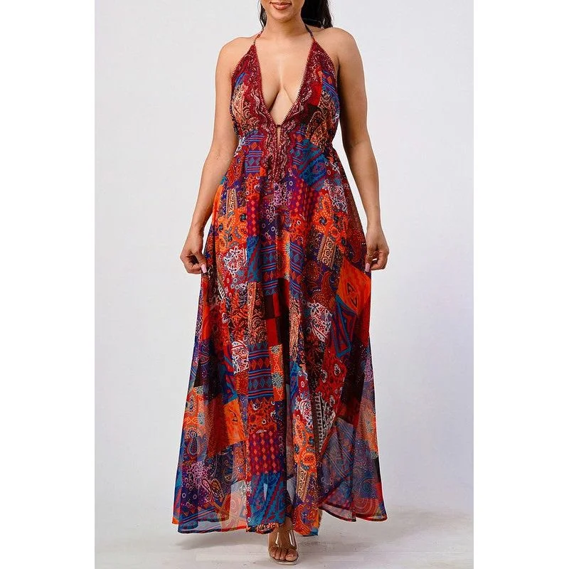 Bohemian print sequin lace trim maxi dress Comfortable Bohemian Maxi Dress