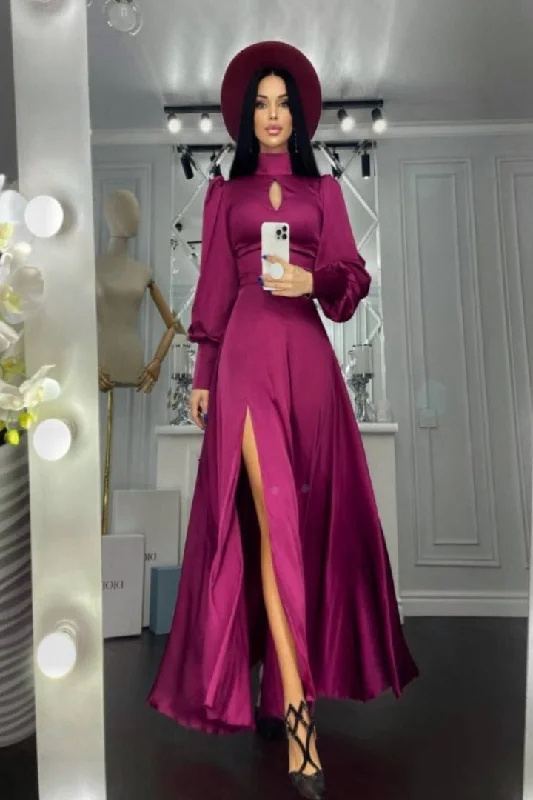 Bordeaux Puff-Sleeve Turtleneck Maxi Dress Classic Black Maxi Dress