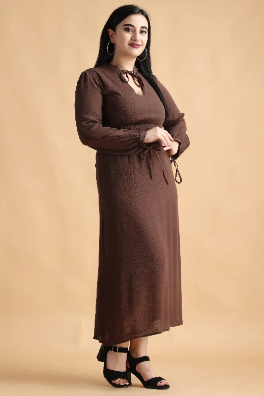 Brown Solid Maxi Dress with Front Tie Comfortable Fit-and-Flare Maxi Dress