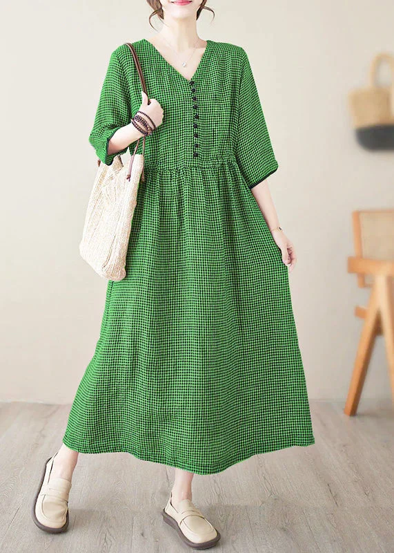 Chic Green V Neck Plaid Patchwork Button Linen Maxi Dresses Summer Trendy Off-Shoulder Ruffle Maxi Dress