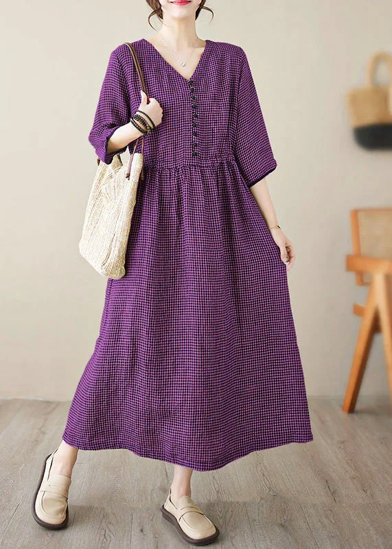 Chic purple V Neck Plaid Patchwork Button Linen Maxi Dresses Summer Classic Black Maxi Dress