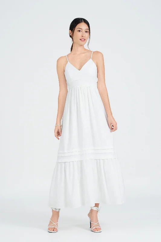 Cindy Tie-Back Maxi Dress in Dove White Trendy V-Neck Maxi Dress