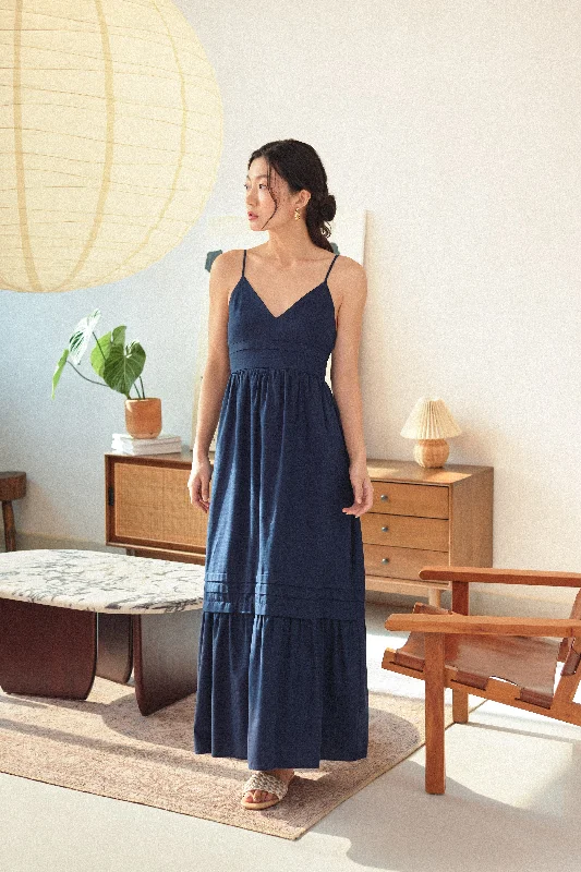 Cindy Tie-Back Maxi Dress in Navy Blue Comfortable Cotton Maxi Dress