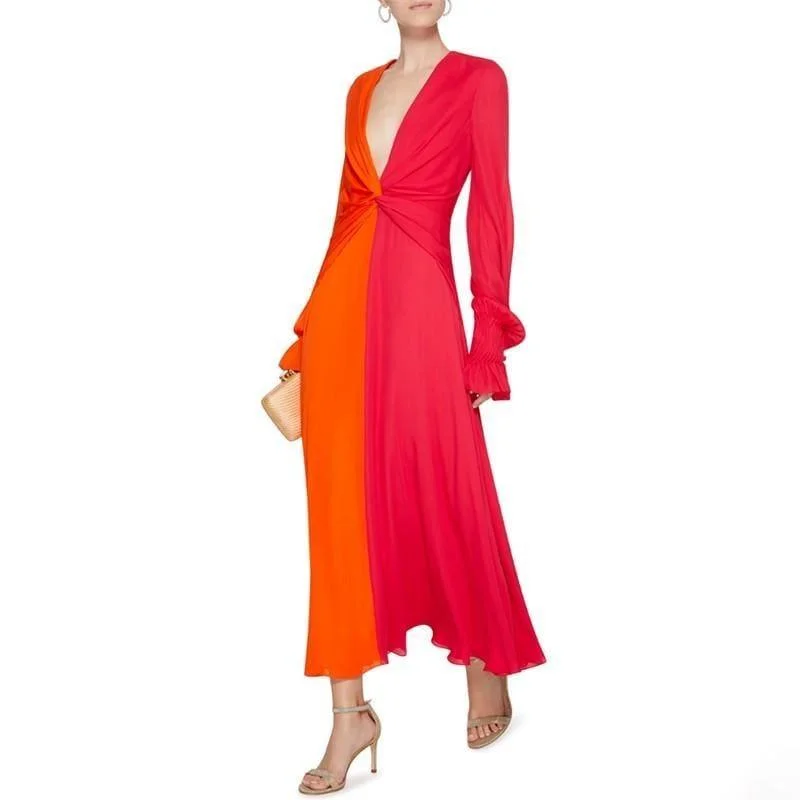 Colorblock Patchwork V Neck Lantern Sleeve High Waist Cross Ankle Maxi Dress Comfortable Bohemian Maxi Dress Colorblock Patchwork V Neck Lantern Sleeve High Waist Cross Ankle Maxi Dress Comfortable Bohemian Maxi Dress