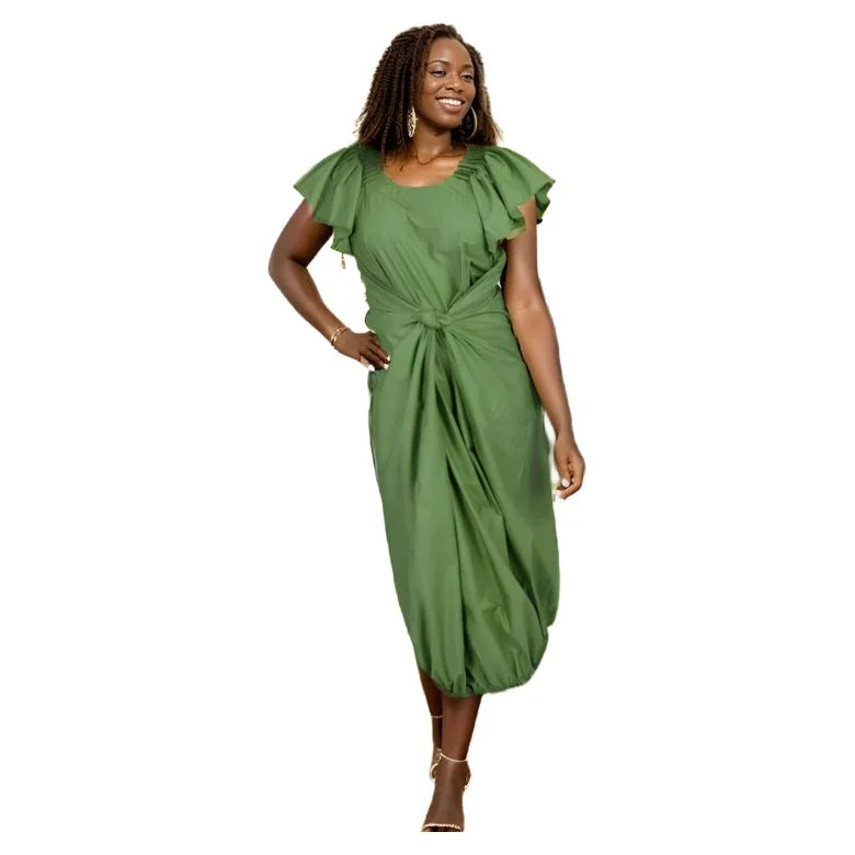 Comfortable Balloon Maxi Dress with Pleated Sleeves & Elastic Hem Trendy Maxi Dress with Belt Comfortable Balloon Maxi Dress with Pleated Sleeves & Elastic Hem Trendy Maxi Dress with Belt