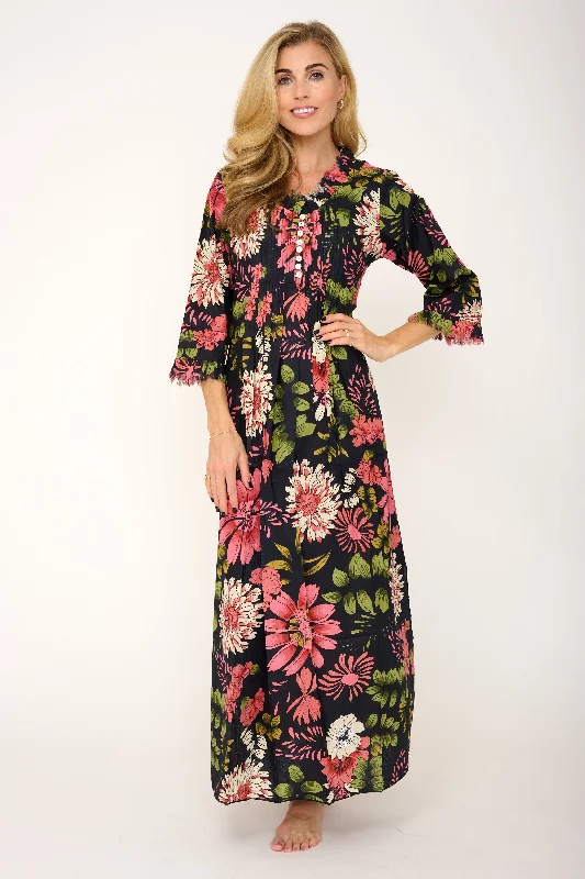Cotton Annabel Maxi Dress in Black Floral Fashionable Open-Back Maxi Dress