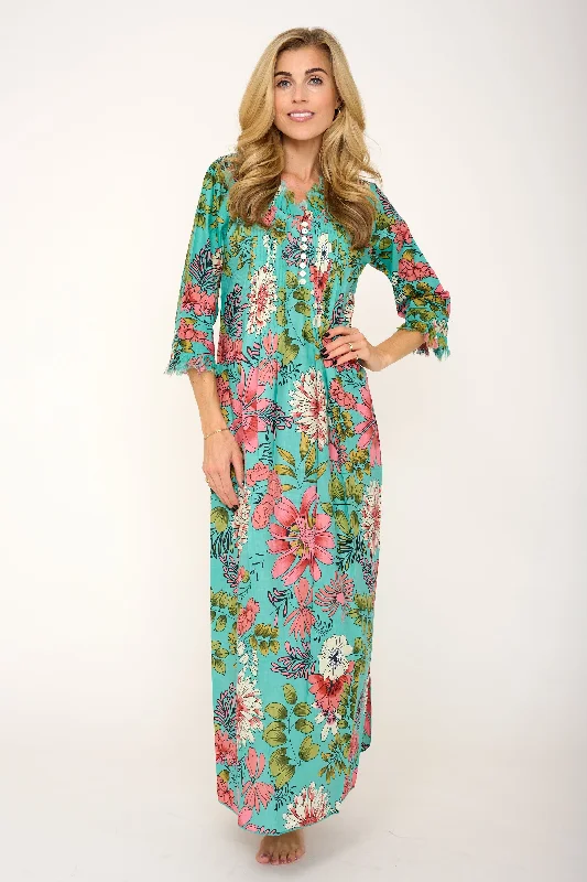Cotton Annabel Maxi Dress in Turquoise Floral Elegant Maxi Dress with Ruffles