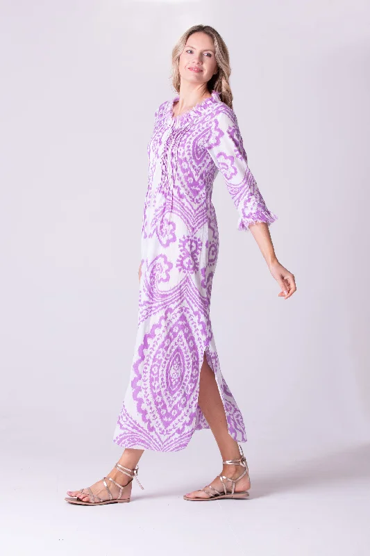 Cotton Annabel Maxi Dress in Lilac & White Ikat Stylish Off-Shoulder Maxi Dress