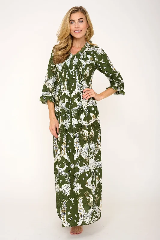Cotton Annabel Maxi Dress in Olive Green Tropical Stylish Boho Maxi Dress