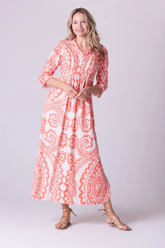 Cotton Annabel Maxi Dress in Orange & White Ikat Trendy Maxi Dress with Belt